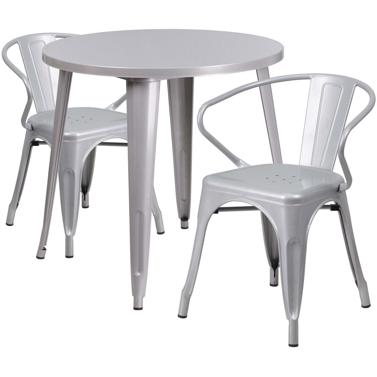 Emma and Oliver Commercial Grade 30" Round Metal Indoor-Outdoor Table Set with 2 Arm Chairs